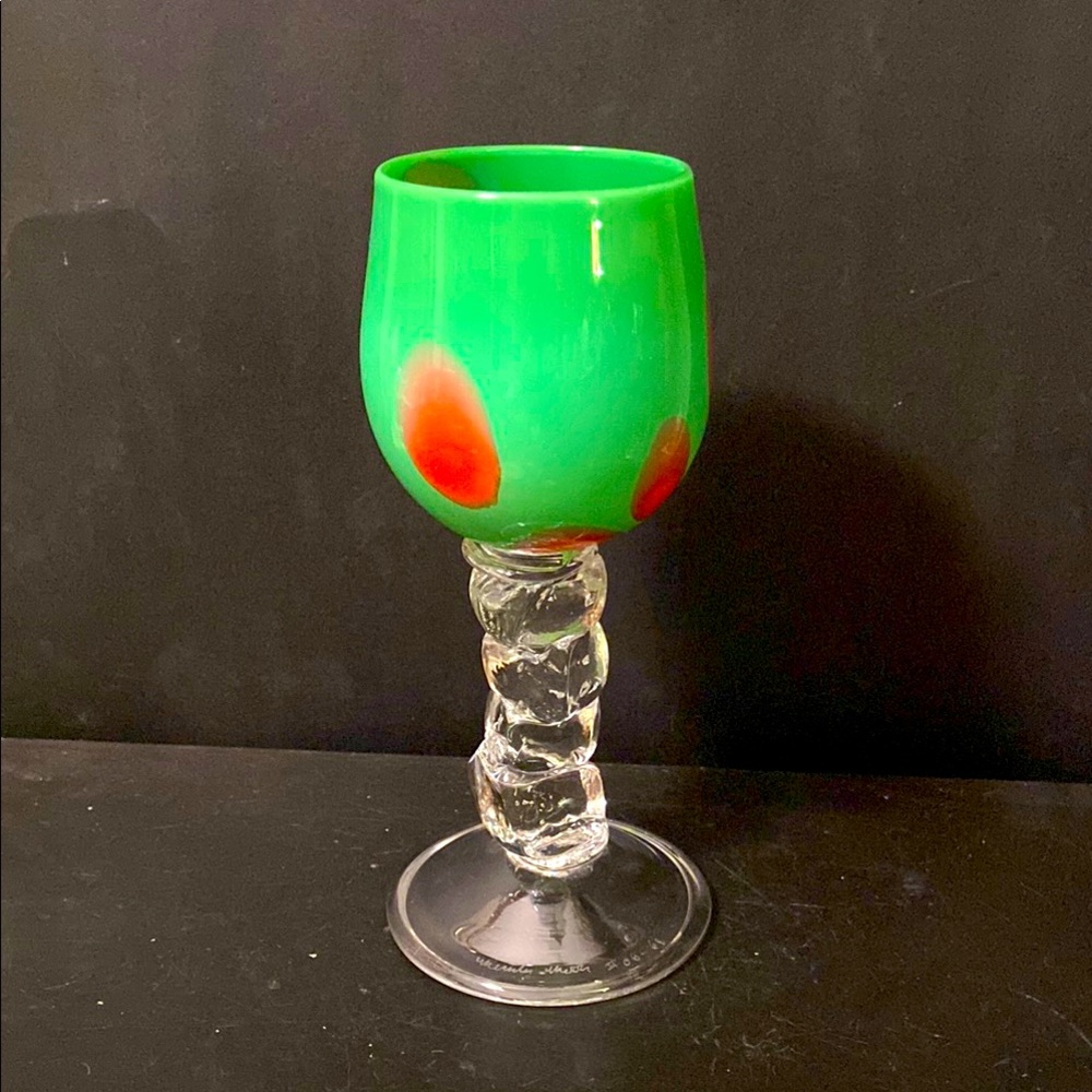 Hand Blown Glass Goblet by Merrilee Moore Green Red Accents Signed